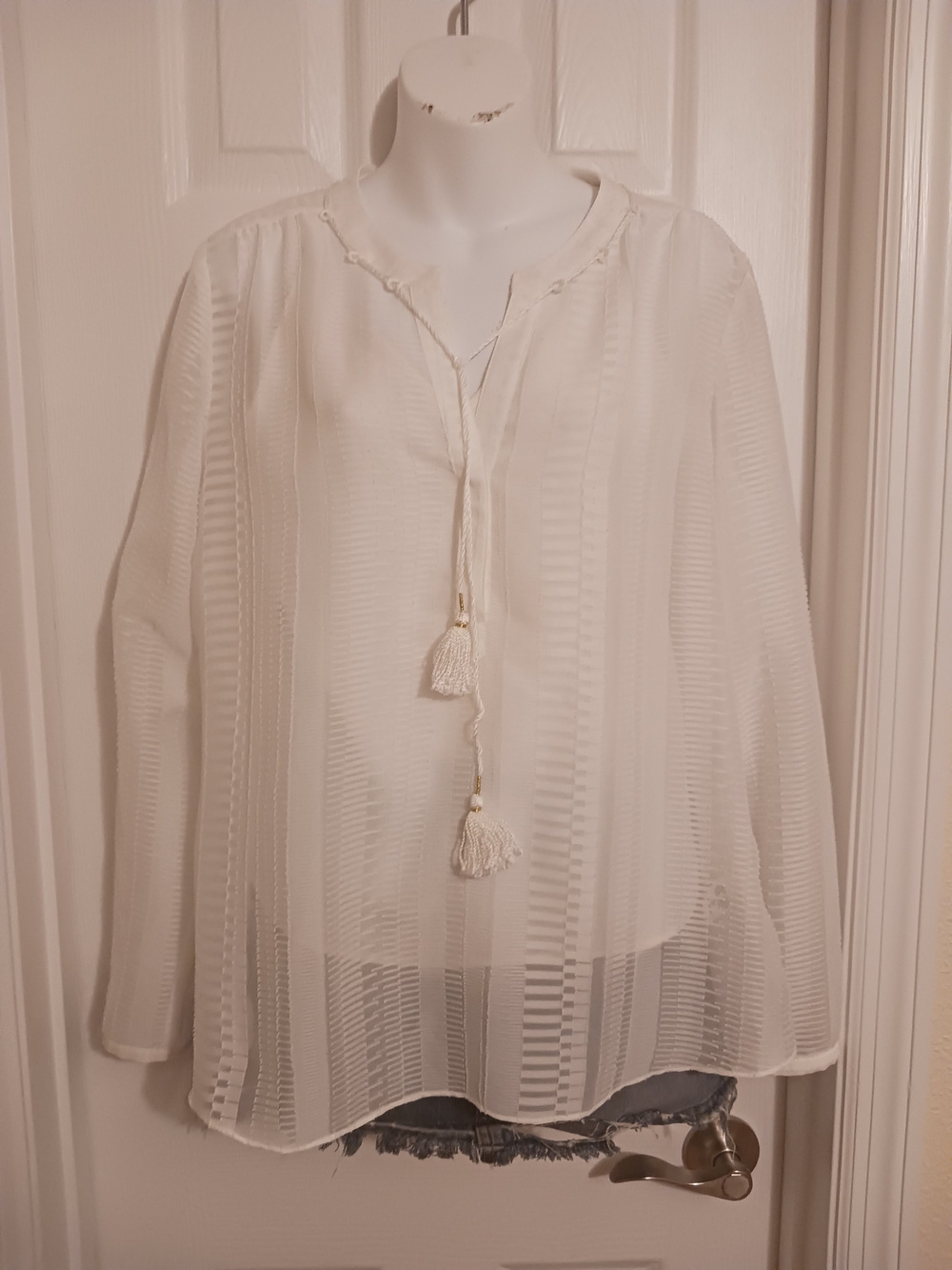 NIC+ZOE White Sheer Tassel Peasant Blouse LS Womens Lg